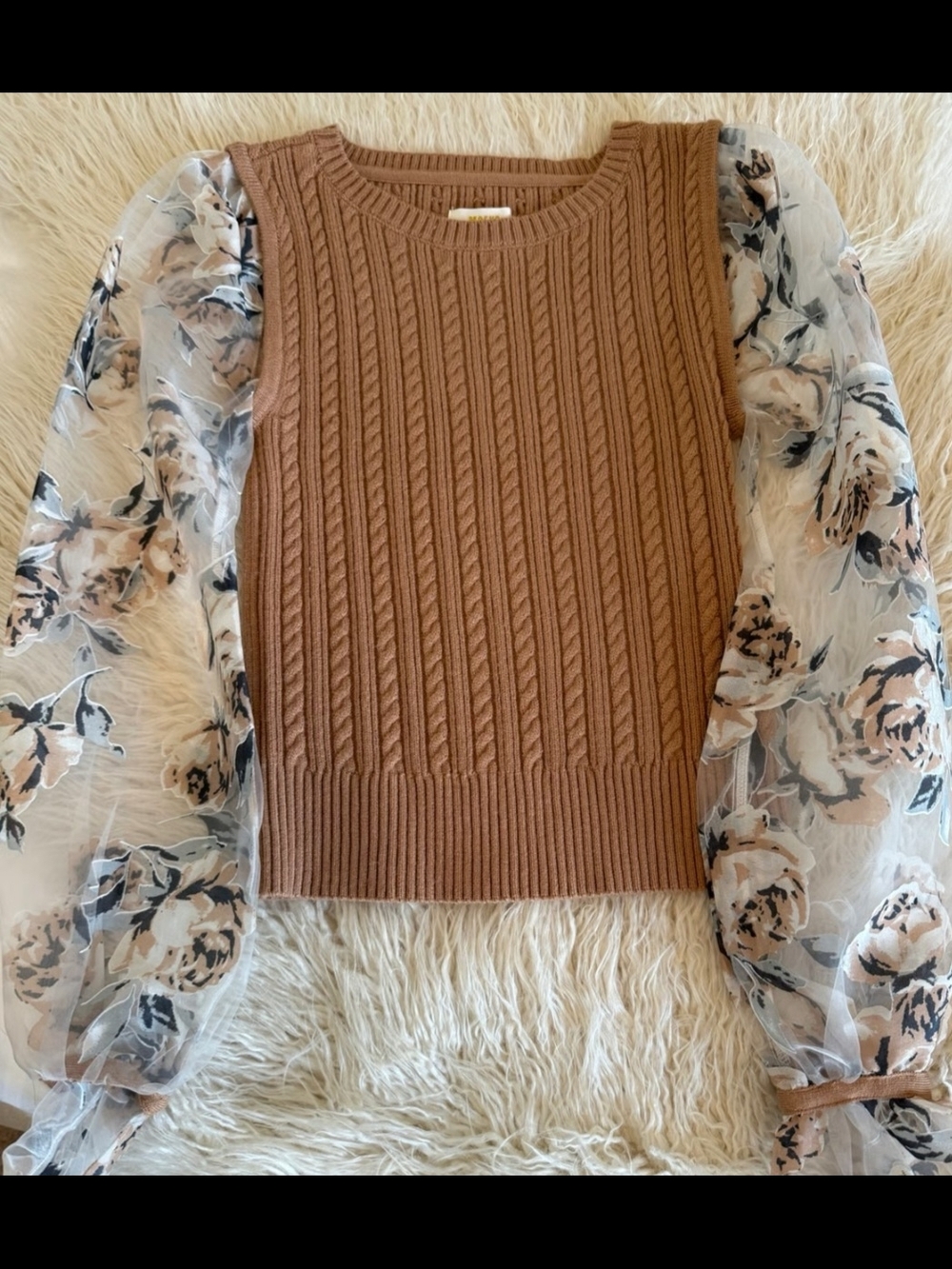 Anthropologie MAEVE Brown Cable-Knit Sweater with Floral Sheer Sleeves